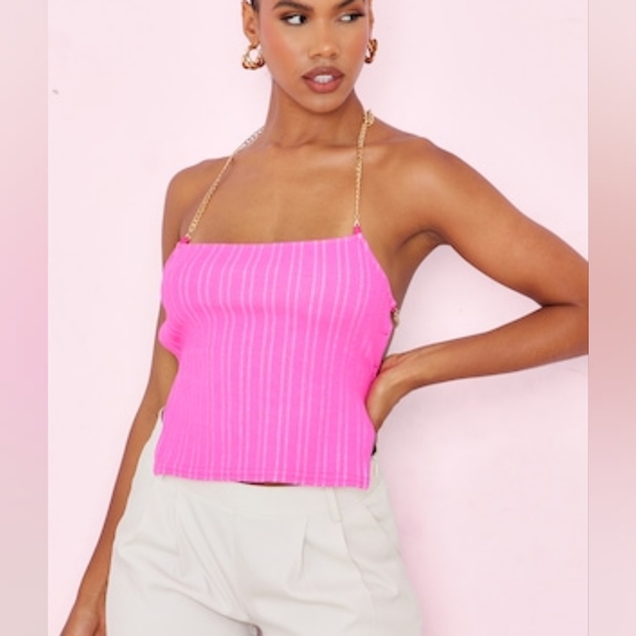 PrettyLittleThings Hot Pink Textured Rib Chain Lace Up Crop Tank Top - size 8 - Picture 13 of 15